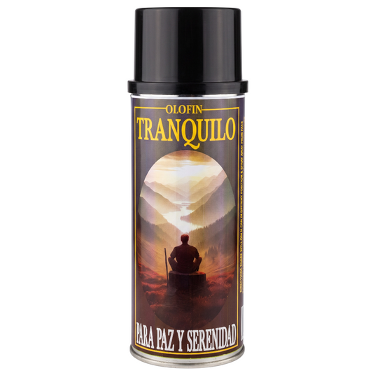 A can of Olofin Tranquilo spray with a black cap and a label depicting a scenic mountain landscape with a seated figure, on a plain white background.