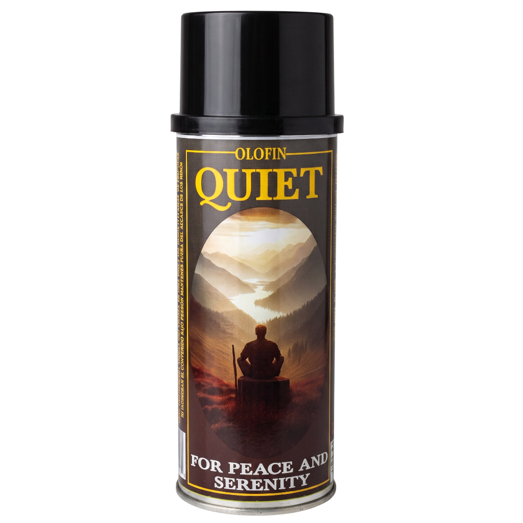 A can of Olofin Quiet spray paint with a black cap and a label featuring a scenic mountain lake illustration and gold lettering, on a plain white background.