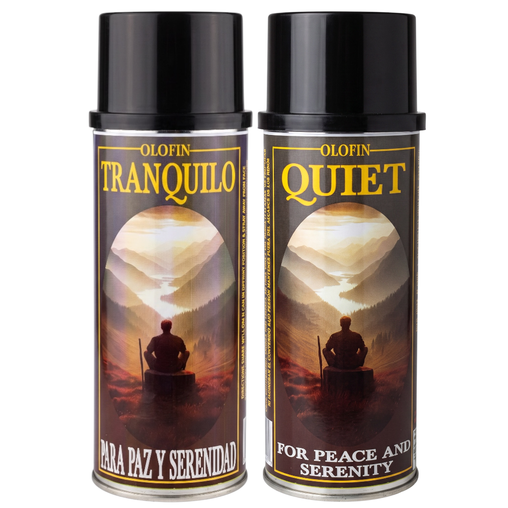Two Olofin Tranquilo / Quiet spray cans with black caps and a dark label featuring a scenic mountain landscape and a seated figure, shown side by side on a white background.