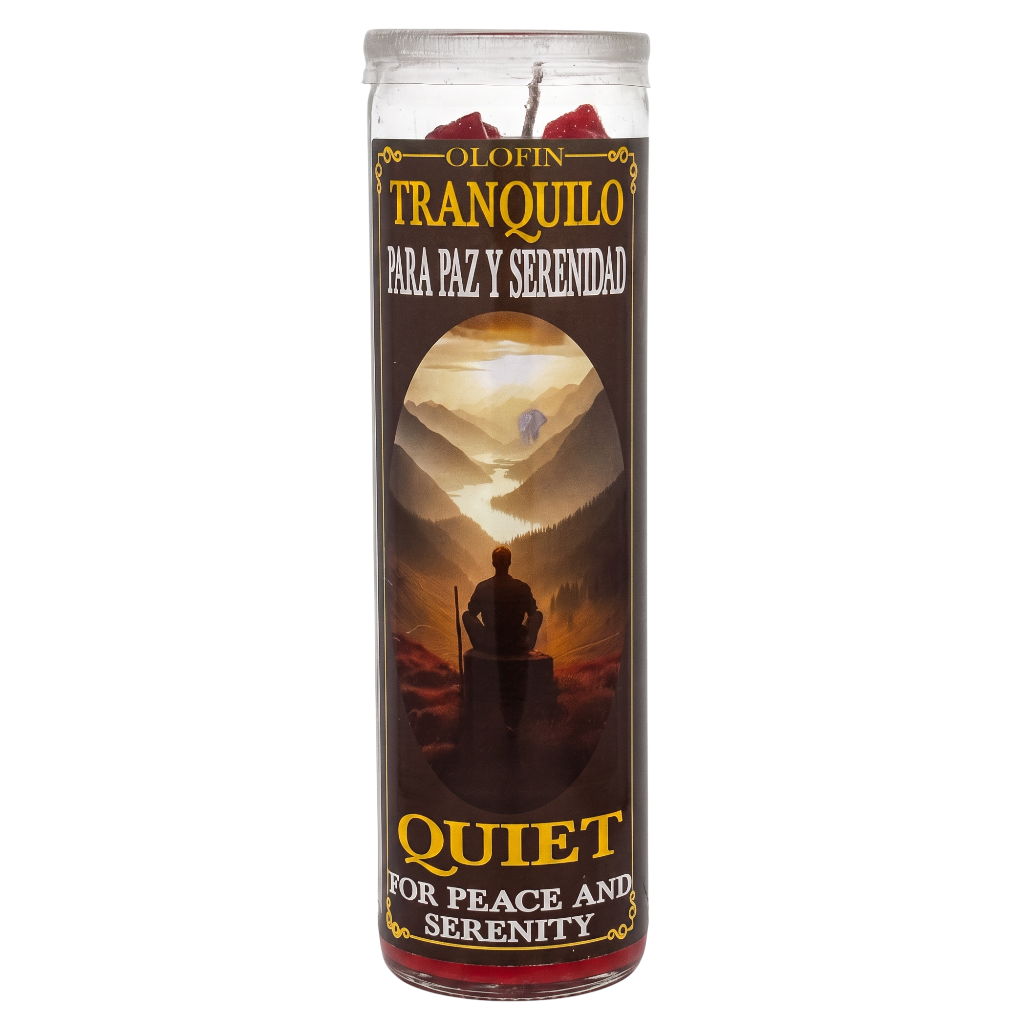 A tall glass jar candle with a clear lid and a dark brown label featuring the Spanish text 'Olofin Tranquilo Para Paz Y Serenidad' and 'Quiet For Peace And Serenity' in gold lettering, with an illustration of a person standing in a mountain landscape.