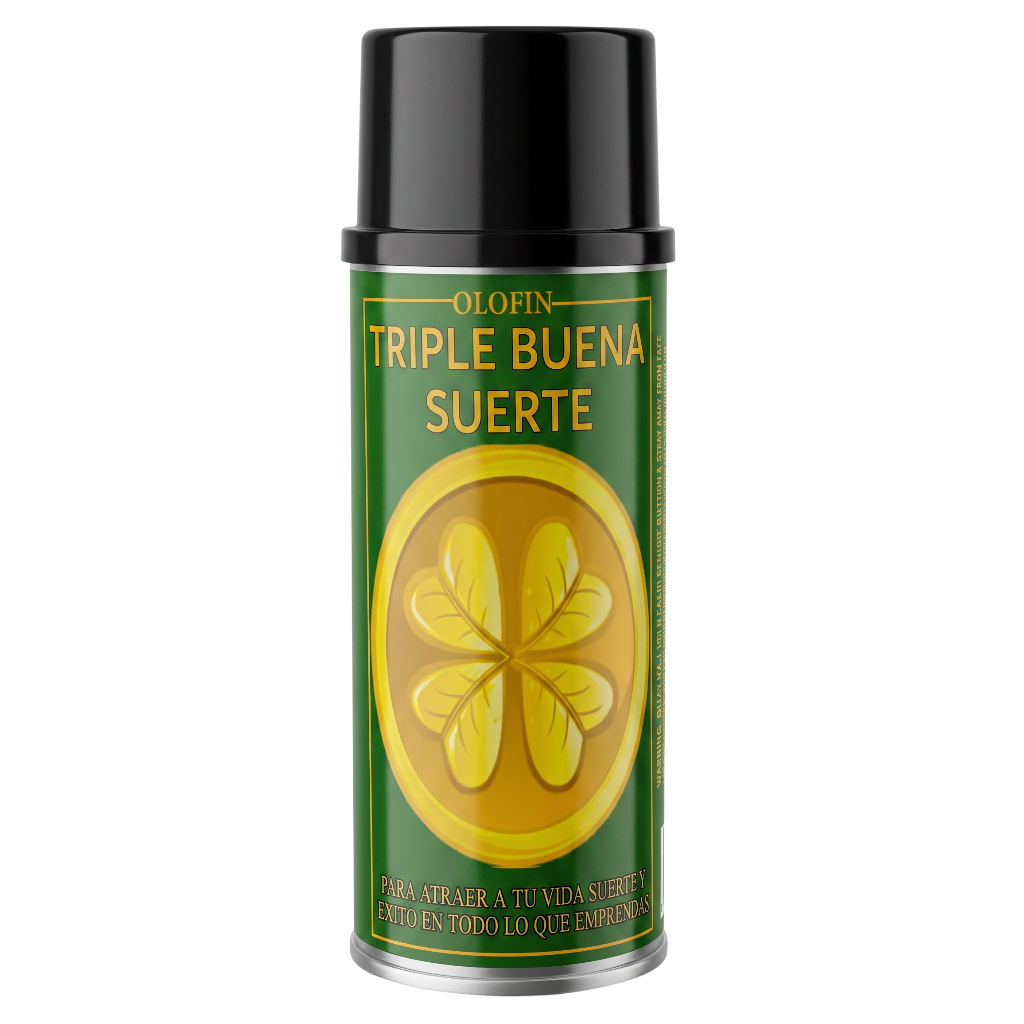 A can of Olofin Triple Buena Suerte spray with a black cap and a green label featuring a yellow four-leaf clover design.