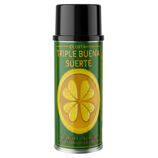 A can of Olofin Triple Buena Suerte spray with a black cap and a green label featuring a yellow four-leaf clover design.