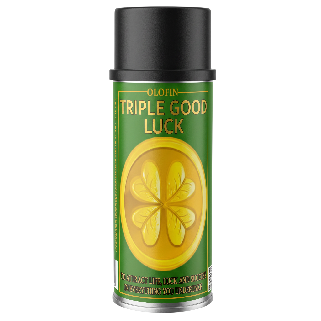 A can of Olofin Triple Good Luck spray with a black cap and a green label featuring a yellow four-leaf clover design.