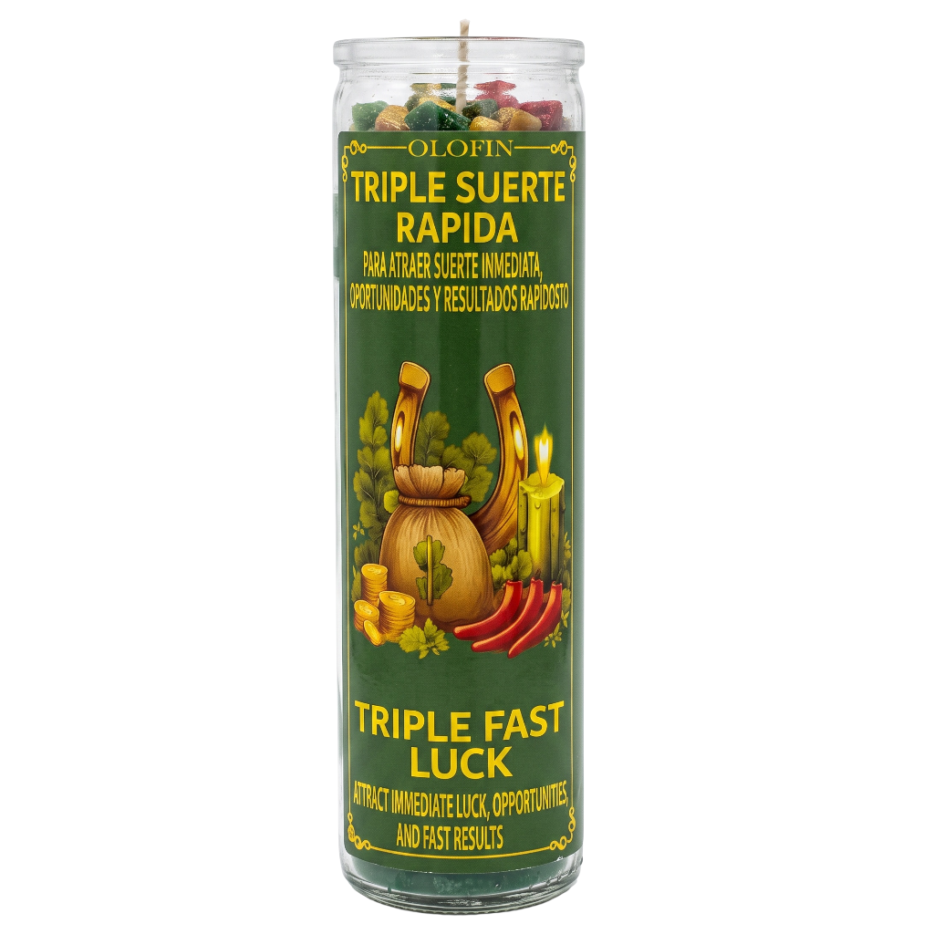 A tall glass jar candle labeled 'Olofin Triple Suerte Rapida' with a dark green label featuring yellow text and illustrations of a money bag, candles, and chili peppers. The candle is shown on a plain white background.