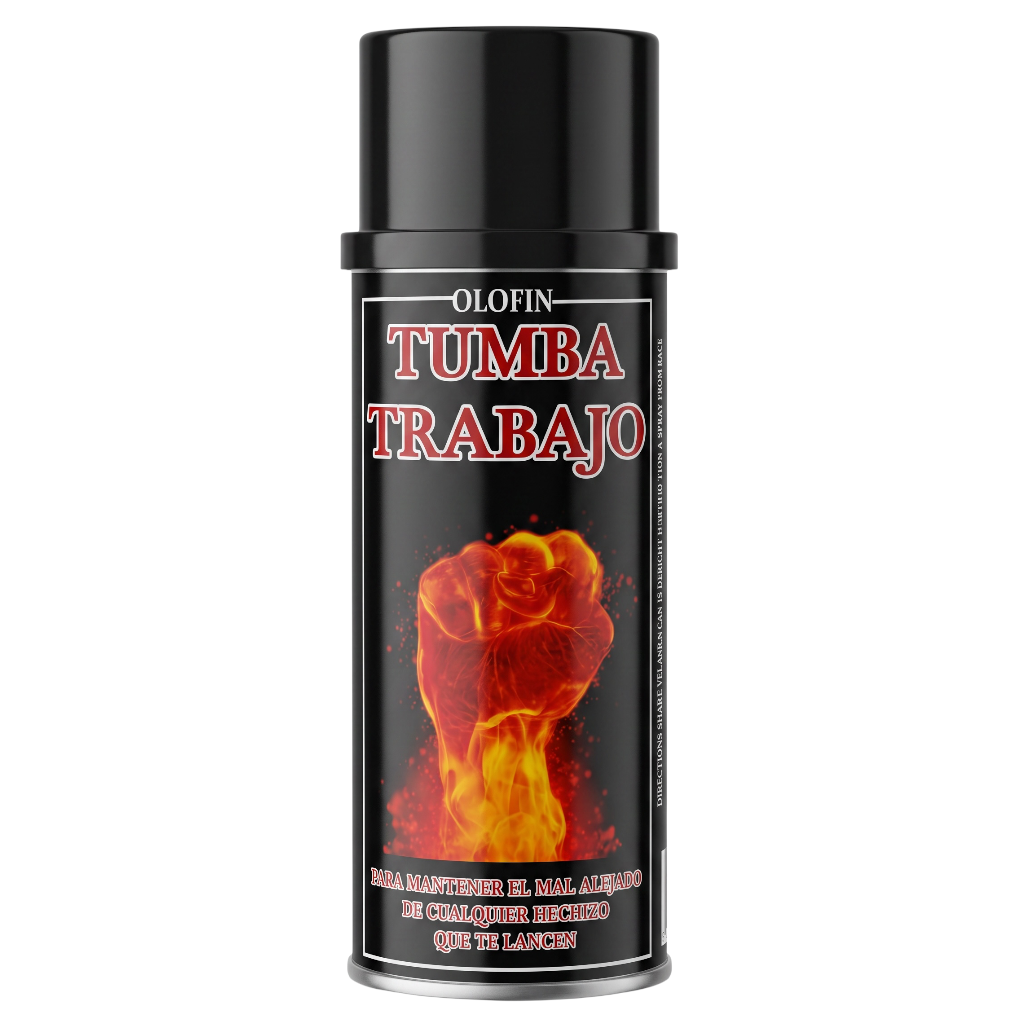 A black aerosol can of Olofin Tumba Trabajo nail polish, featuring a fiery red and orange clenched fist graphic on the label, set against a plain white background.