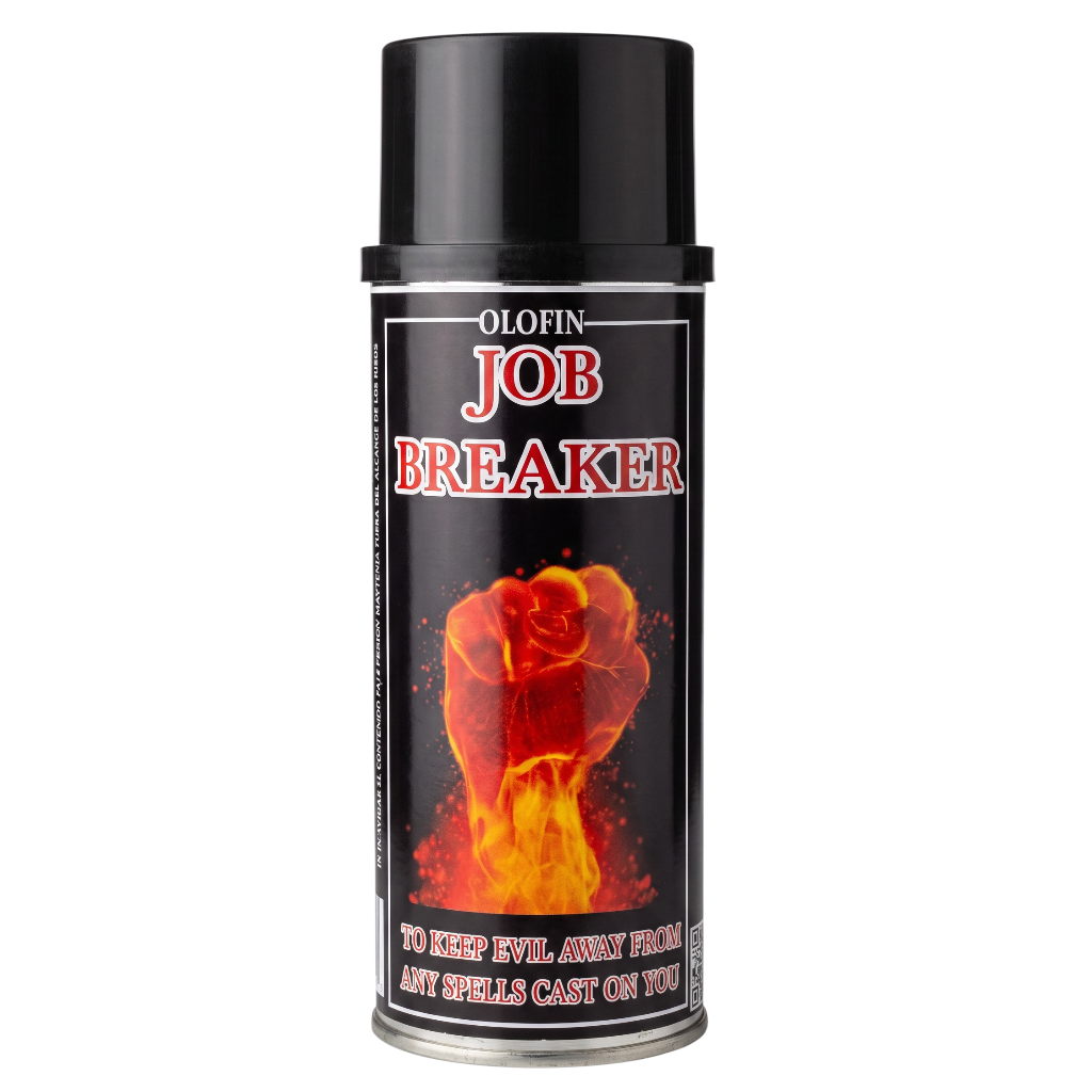 A can of Olofin Job Breaker spray with a black cap and black label, featuring a fiery red and orange clenched fist graphic on a white background.