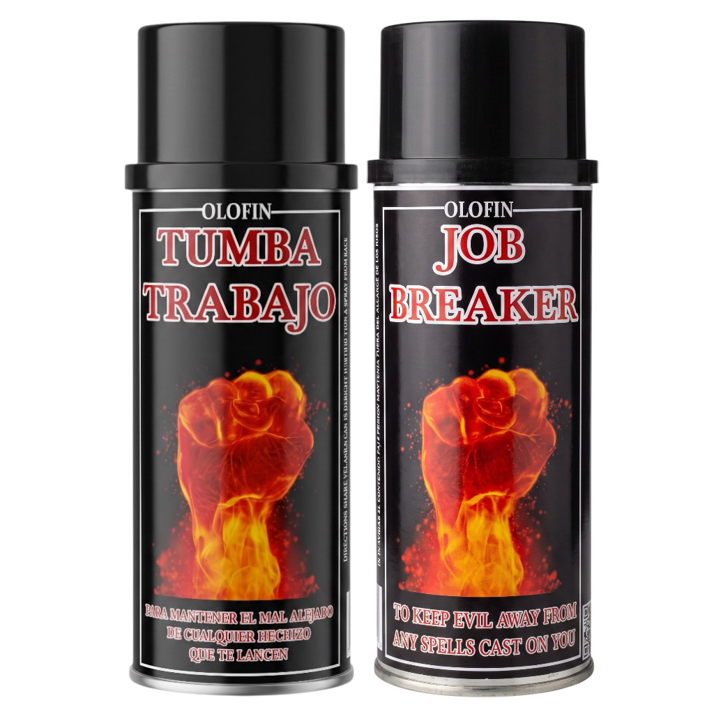 Two black Olofin aerosol cans shown side by side on a white background. The left can reads 'TUMBA TRABAJO' and the right can reads 'JOB BREAKER', both featuring a fiery red and orange clenched fist graphic on the label.