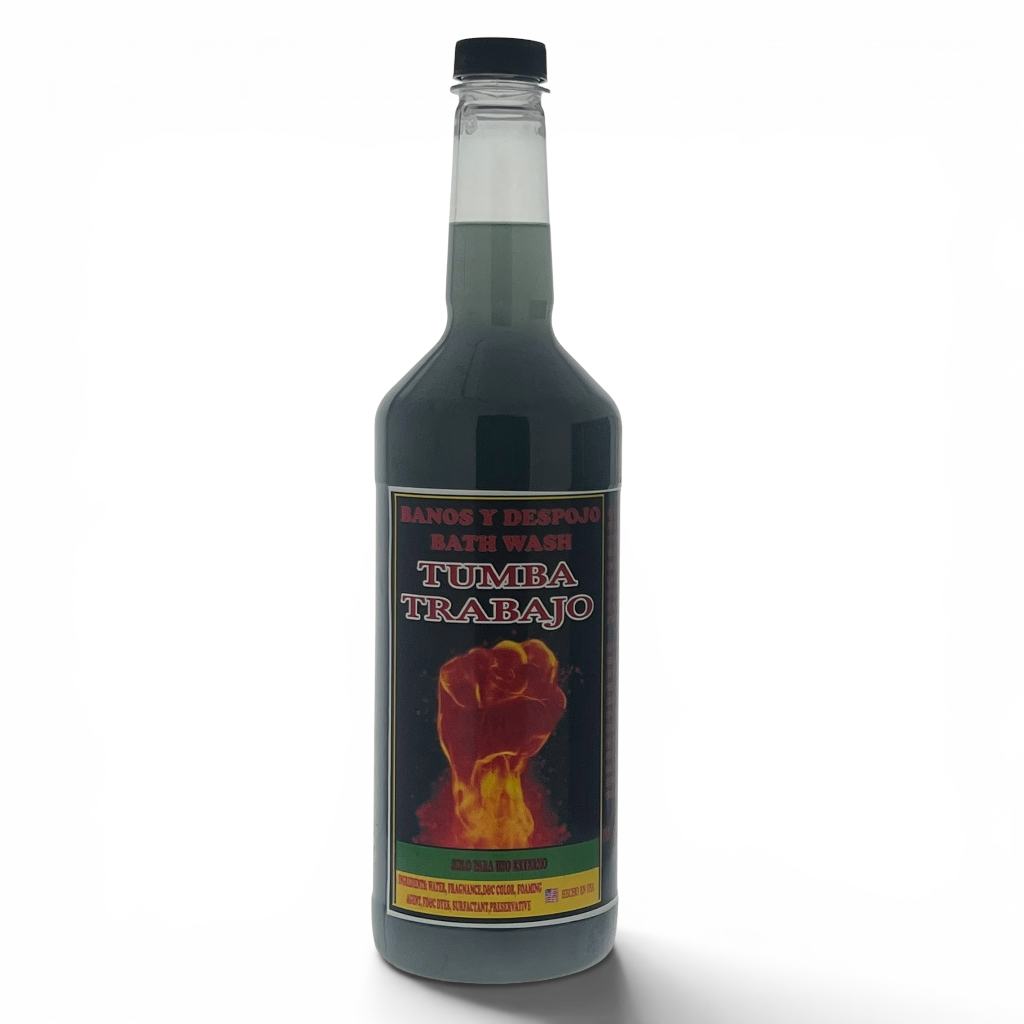 A dark glass bottle of Tumba Trabajo bath wash with a black cap and a black label featuring a red and yellow raised fist graphic, set against a plain white background.
