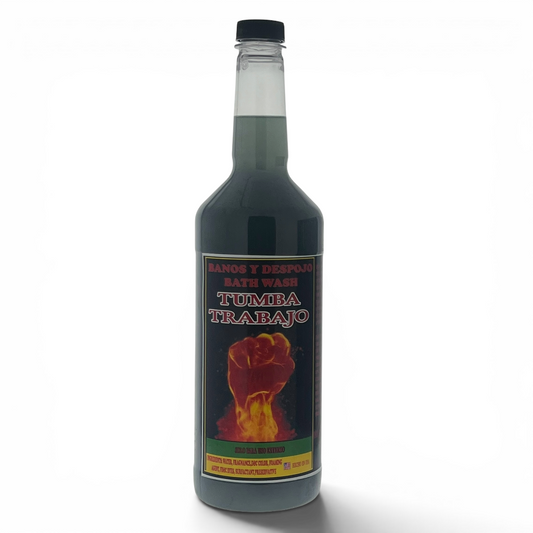 A dark glass bottle of Tumba Trabajo bath wash with a black cap and a black label featuring a red and yellow raised fist graphic, set against a plain white background.