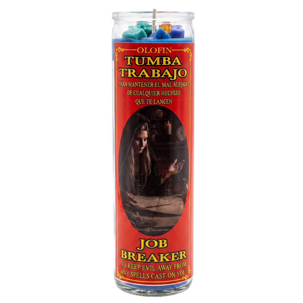 A tall glass jar candle labeled 'Olofin Tumba Trabajo Job Breaker' with a red label, Spanish text, and a printed image of a woman. The candle is shown on a plain white background.
