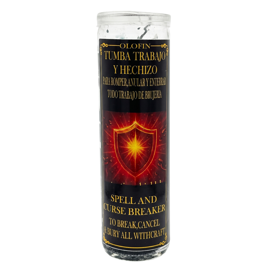 A tall glass jar candle with a black label featuring Spanish and English text, a red and gold shield graphic, and the brand name Olofin at the top, shown on a plain white background.