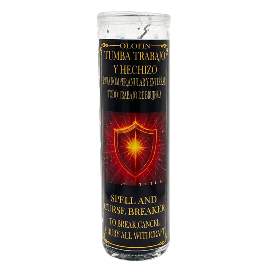 A tall glass jar candle with a black label featuring Spanish and English text, a red and gold shield graphic, and the brand name Olofin at the top, shown on a plain white background.