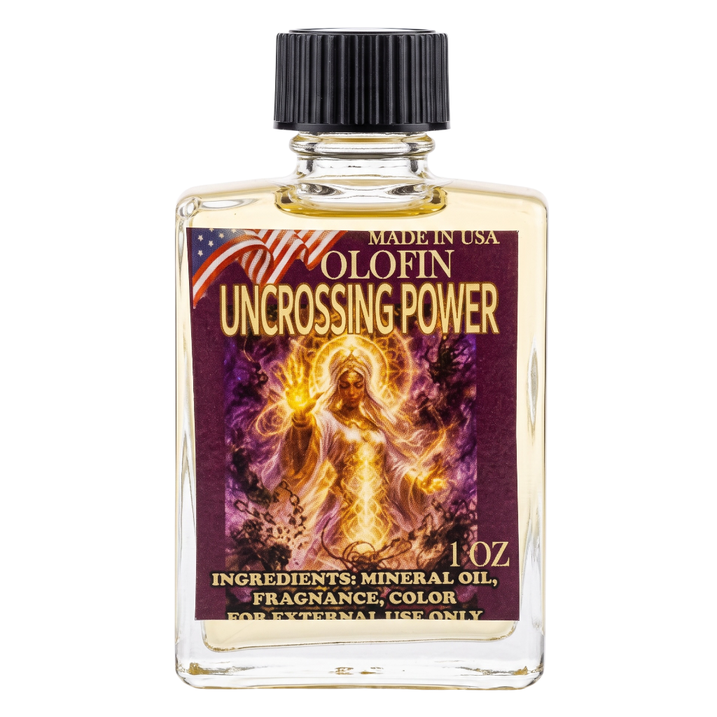 A 1 oz glass bottle of Olofin Uncrossing Power mineral oil and fragrance, featuring a black ribbed cap and a detailed label with a glowing figure on a purple background.