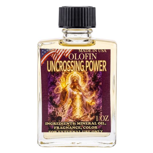 A 1 oz glass bottle of Olofin Uncrossing Power mineral oil and fragrance, featuring a black ribbed cap and a detailed label with a glowing figure on a purple background.