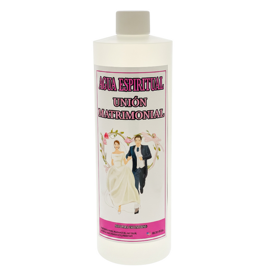 A white plastic bottle of 'Agua Espiritual Union Matrimonial' with a white cap and a pink and white label featuring an illustration of a bride and groom.