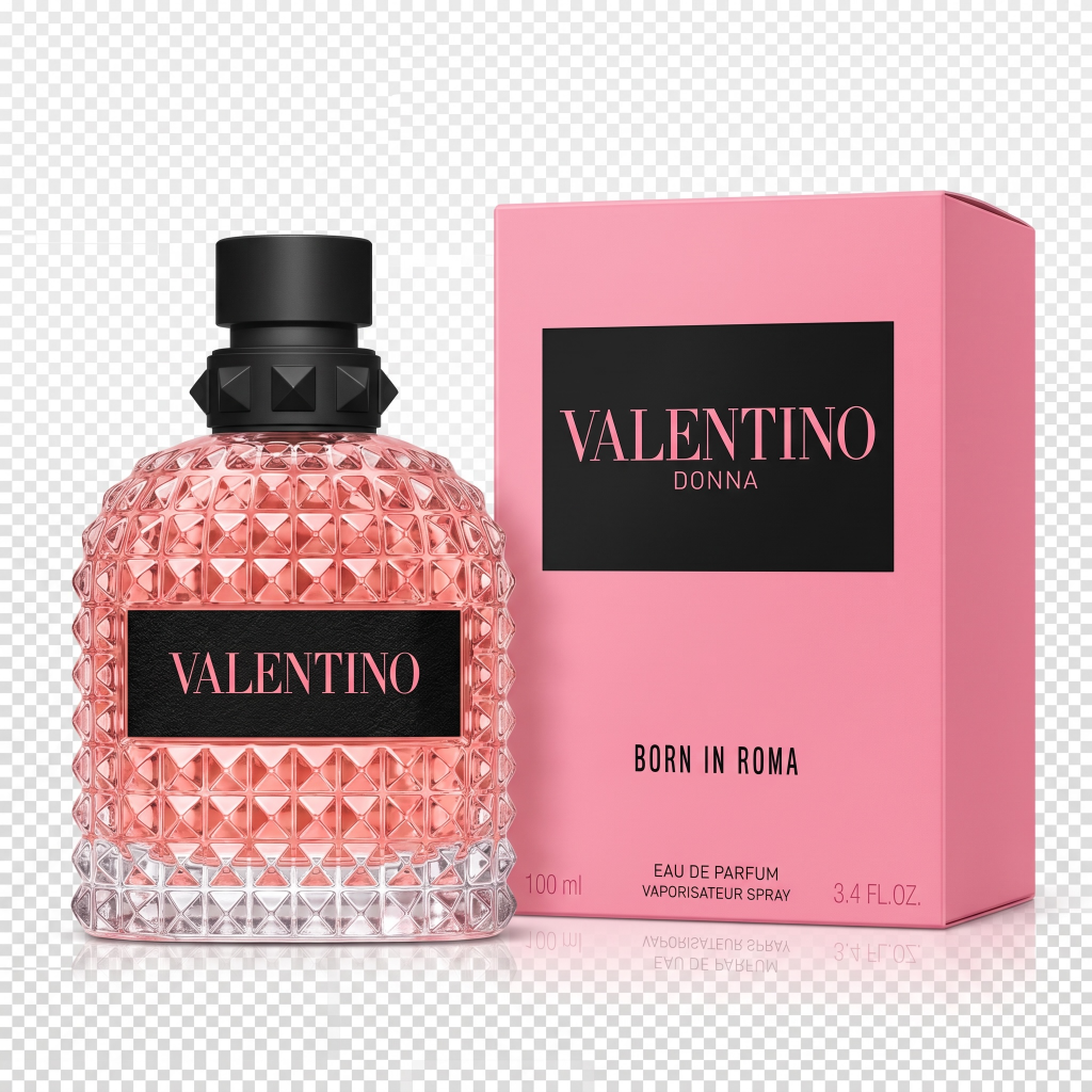 Valentino perfume bottle and packaging on a transparent background