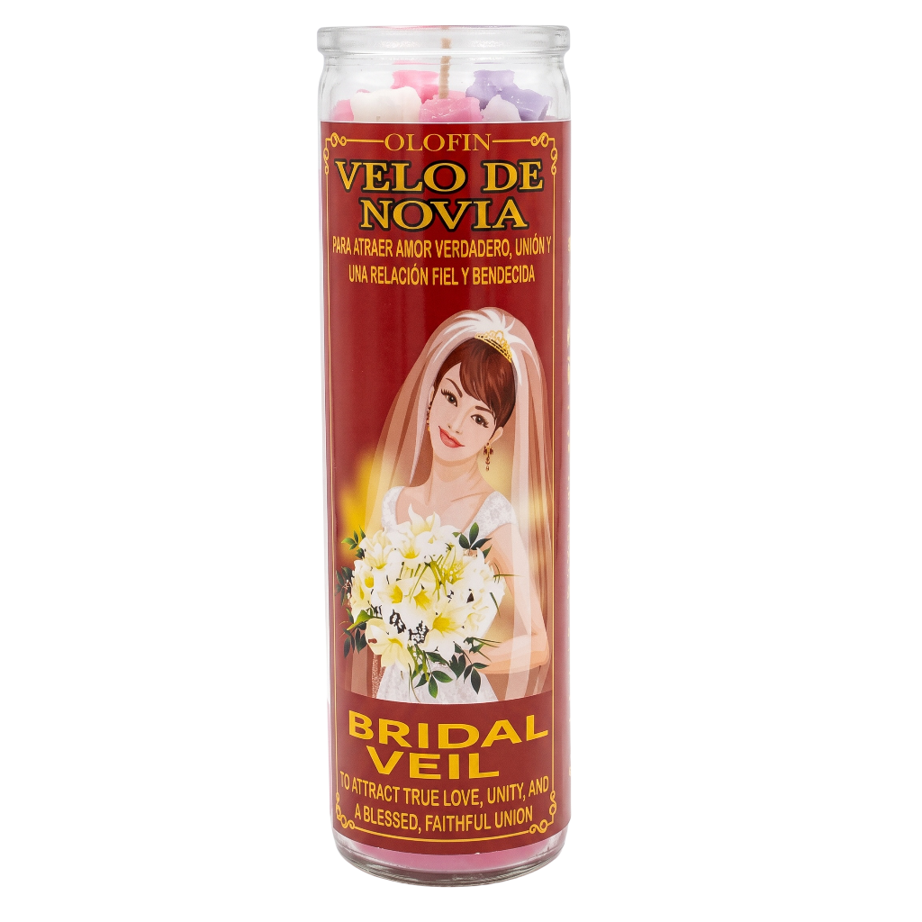 A tall glass jar candle labeled 'Olofin Velo de Novia Bridal Veil' with a red label featuring a bride holding flowers, shown on a plain white background.