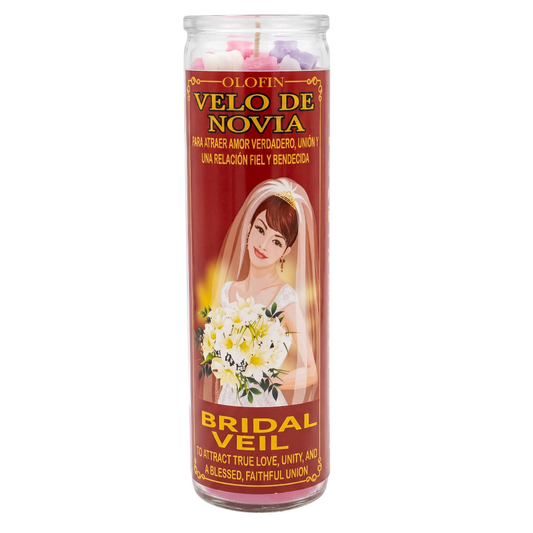 A tall glass jar candle labeled 'Olofin Velo de Novia Bridal Veil' with a red label featuring a bride holding flowers, shown on a plain white background.