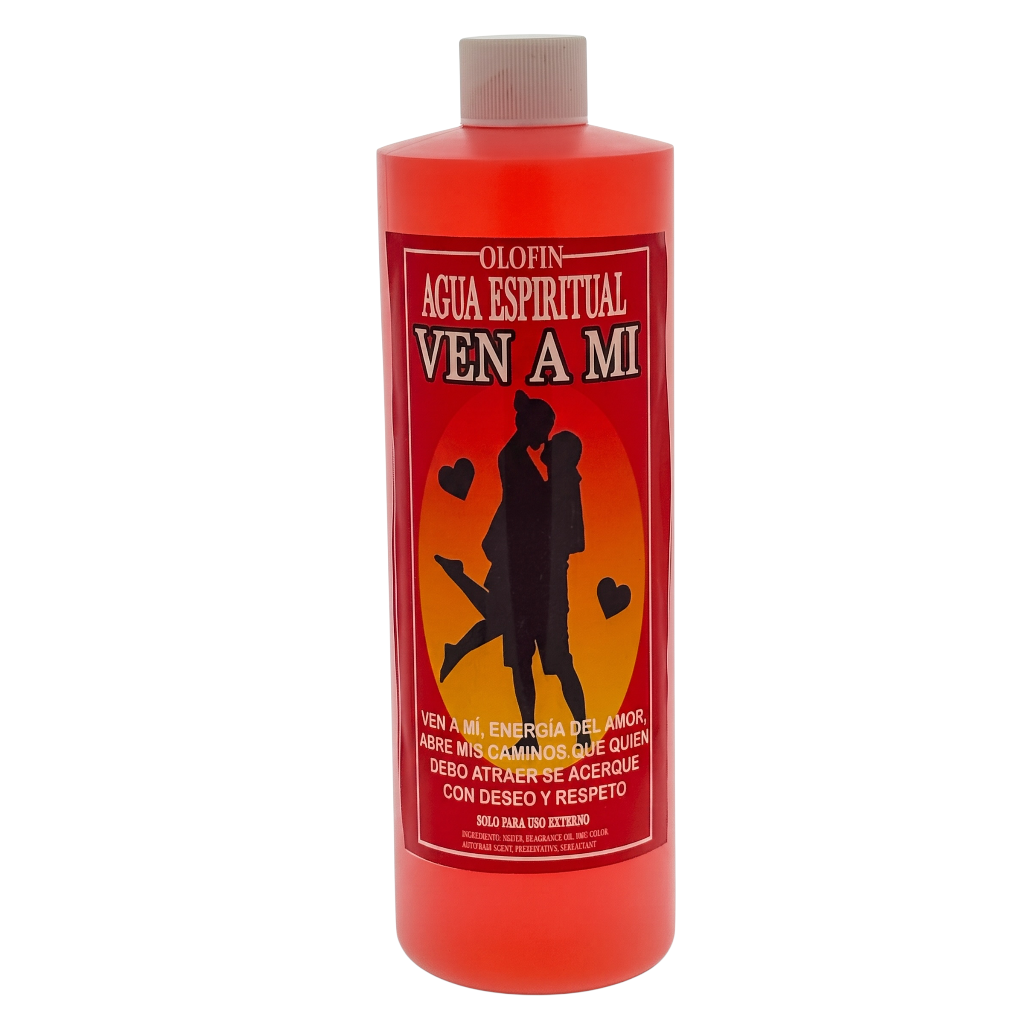 A red plastic bottle of Olofin 'Agua Espiritual Ven A Mi' spiritual water with a beige cap, shown against a plain white background.