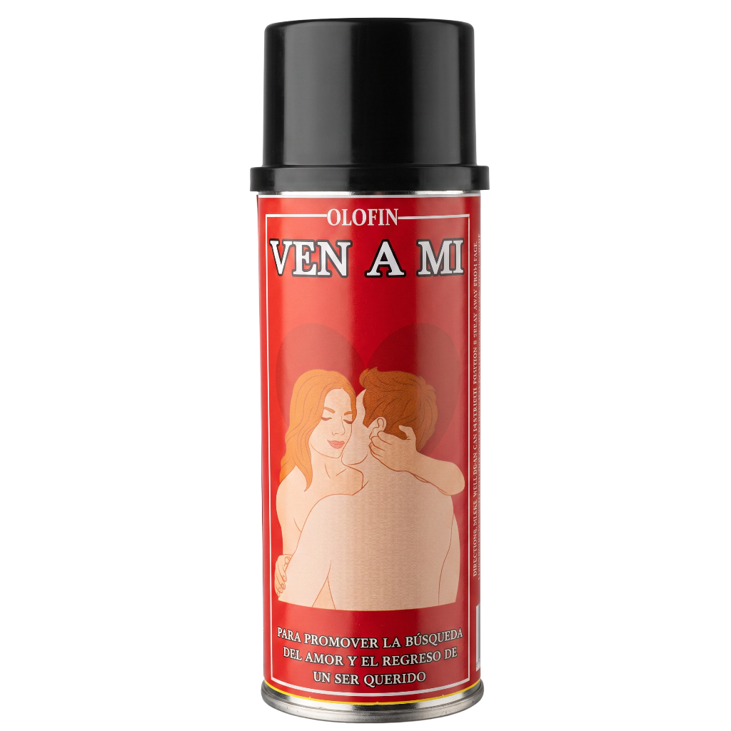 A can of Olofin Ven A Mi aphrodisiac spray with a red label and black cap, featuring an illustration of a couple embracing.