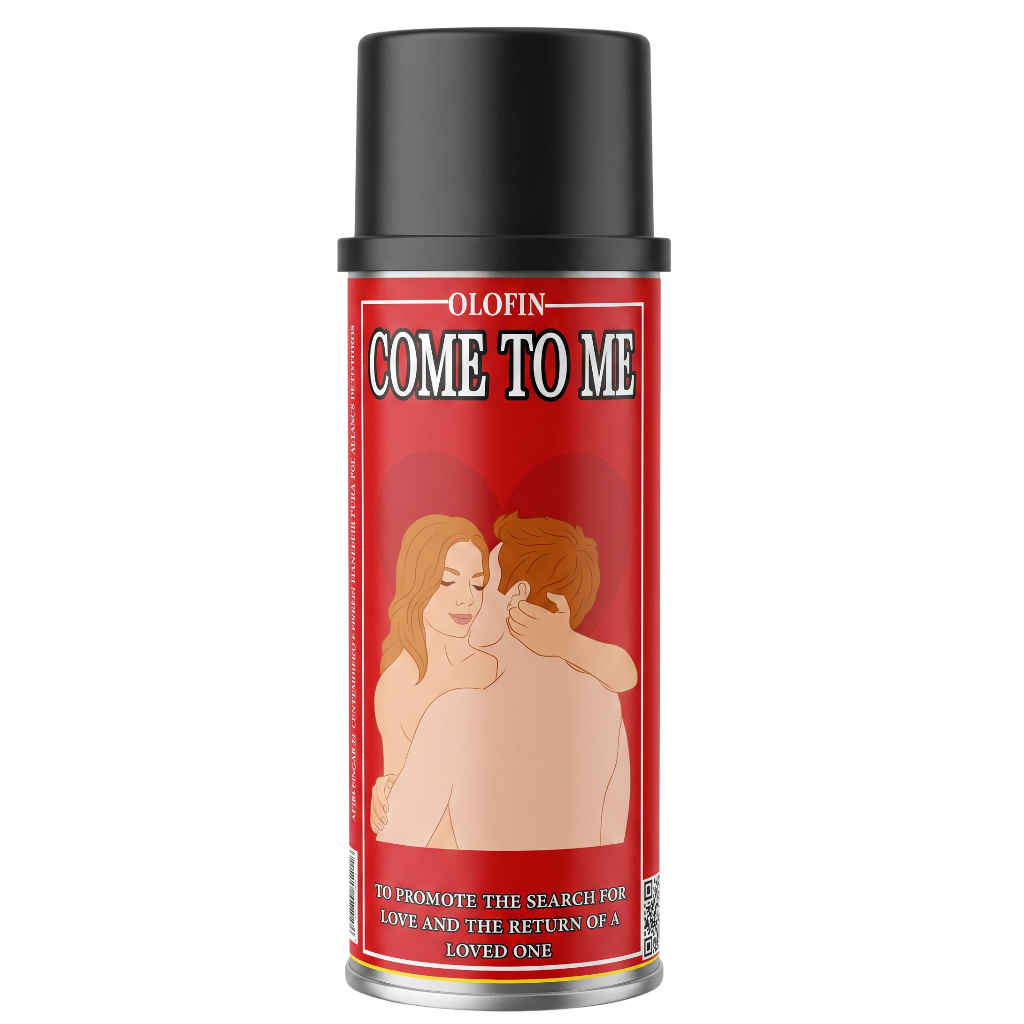 A can of Olofin 'Come to Me' adult spray with a black cap and a red label featuring an illustration of a couple, set against a plain white background.