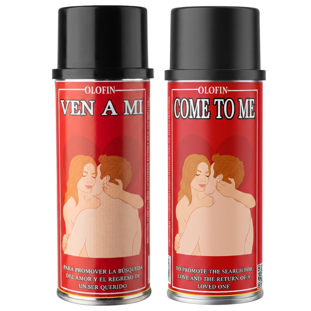 Two Olofin 'Ven A Mi' / 'Come To Me' perfume atomizer spray cans side by side on a white background.