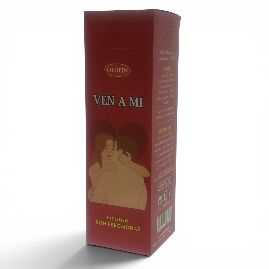 A tall red rectangular product box with Spanish text reading 'OLIFIN' and 'VEN A MI', plus an illustration of a couple on the front, photographed on a light gray background.