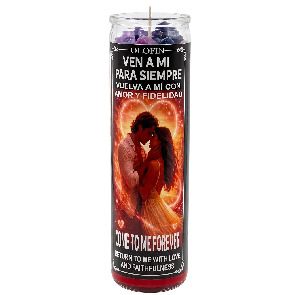 A tall glass jar candle with a black label featuring a romantic couple illustration and Spanish text reading 'VEN A MI PARA SIEMPRE' and 'COME TO ME FOREVER' with English text below, on a plain white background.