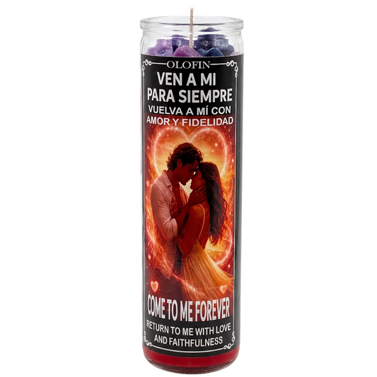 A tall glass jar candle with a black label featuring a romantic couple illustration and Spanish text reading 'VEN A MI PARA SIEMPRE' and 'COME TO ME FOREVER' with English text below, on a plain white background.
