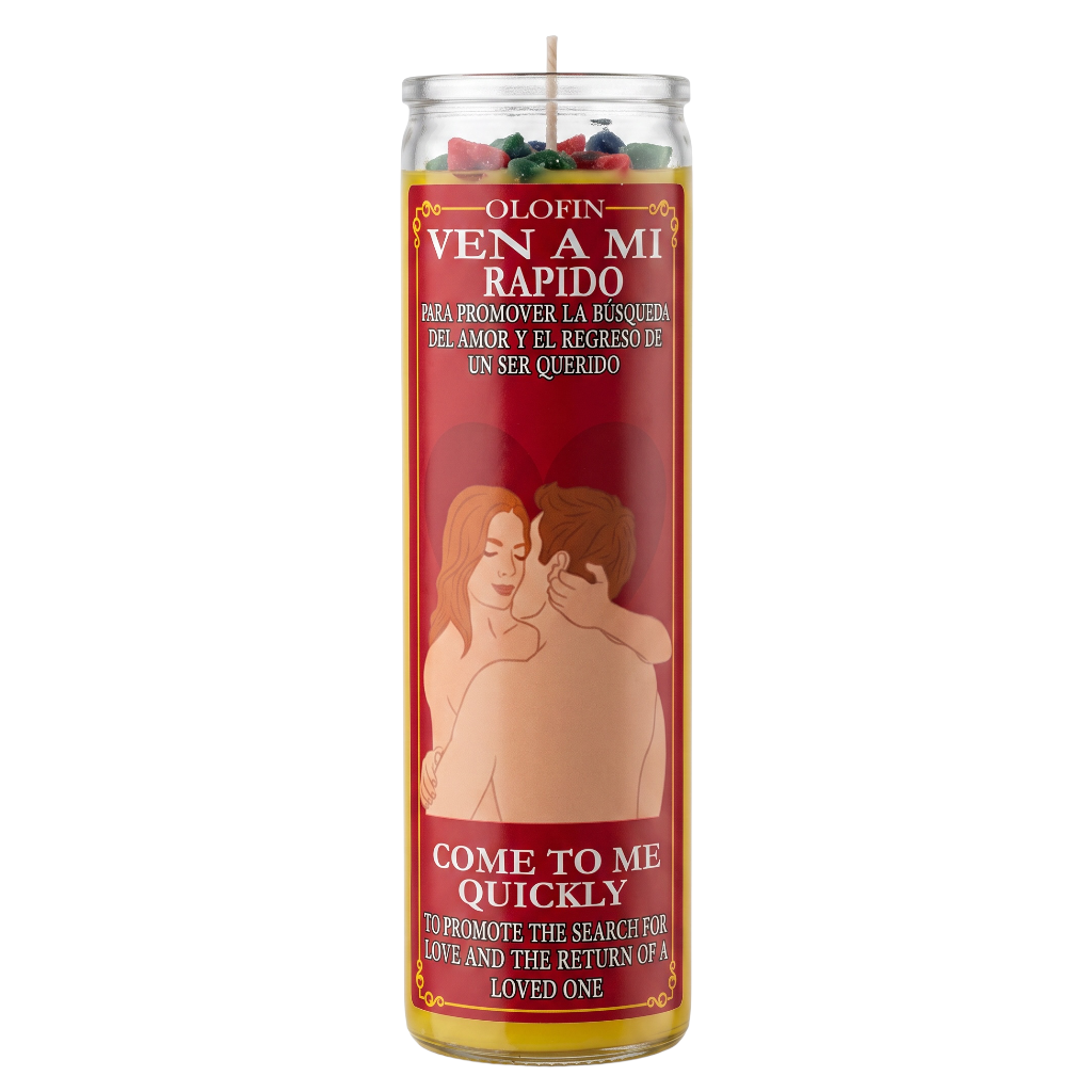 A tall glass jar candle with a red label reading 'Olofin Ven A Mi Rapido' and 'Come To Me Quickly,' featuring an illustration of a couple on the front, shown on a plain white background.