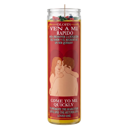 A tall glass jar candle with a red label reading 'Olofin Ven A Mi Rapido' and 'Come To Me Quickly,' featuring an illustration of a couple on the front, shown on a plain white background.