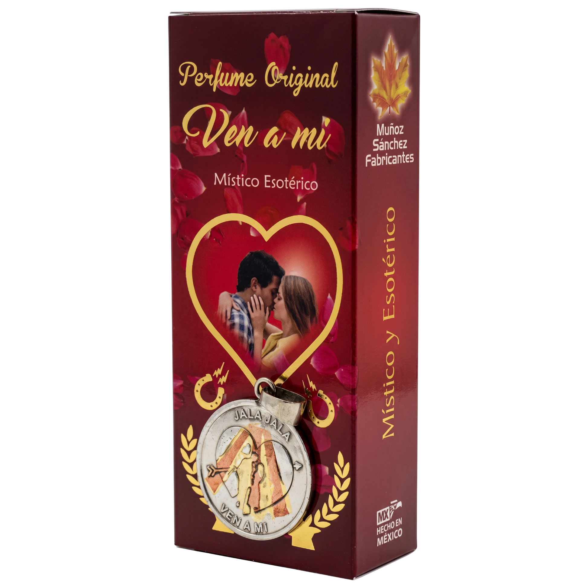 Perfume box with romantic design and text on a white background