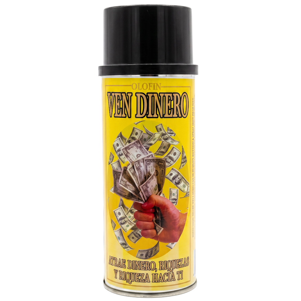 A can of Olofin Ven Dinero magic spray with a bright yellow label and a black cap, featuring an illustration of cash and a hand on a white background.