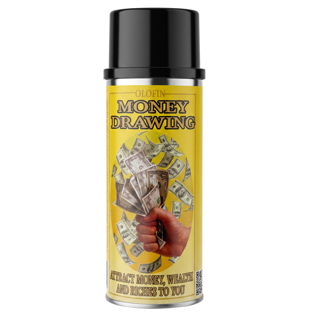 A can of Olofin Money Drawing spray with a black cap and a yellow label featuring an illustration of cash and a hand holding money.