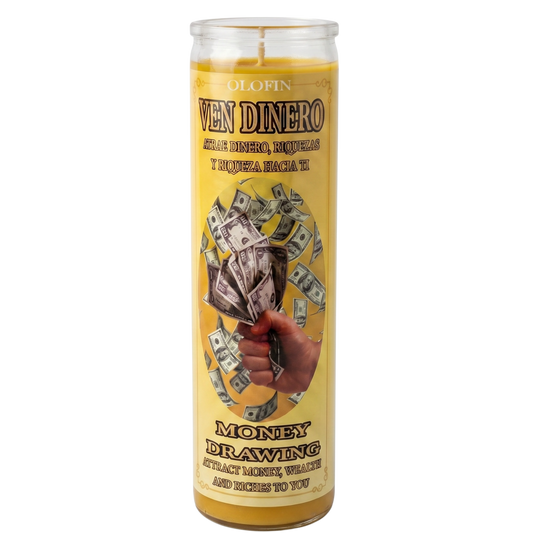 A tall glass prayer candle with a yellow label reading 'VEN DINERO' and 'MONEY DRAWING,' featuring an illustration of cash and a hand holding money, on a plain white background.