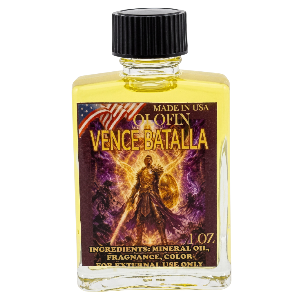 A 1 oz glass bottle of Olofin Vence Battalla fragrance oil, filled with yellow oil and featuring a black cap, set against a plain white background.
