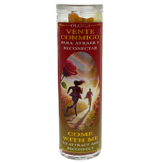 A tall glass prayer candle with a clear lid and a colorful printed label. The label features Spanish text reading 'VENTE CONMIGO PARA ATRAEY Y RECONECTAR' and English text reading 'COME WITH ME TO ATTRACT AND RECONNECT,' plus an illustration of two people running toward a glowing path with a rose and warm sunset tones.