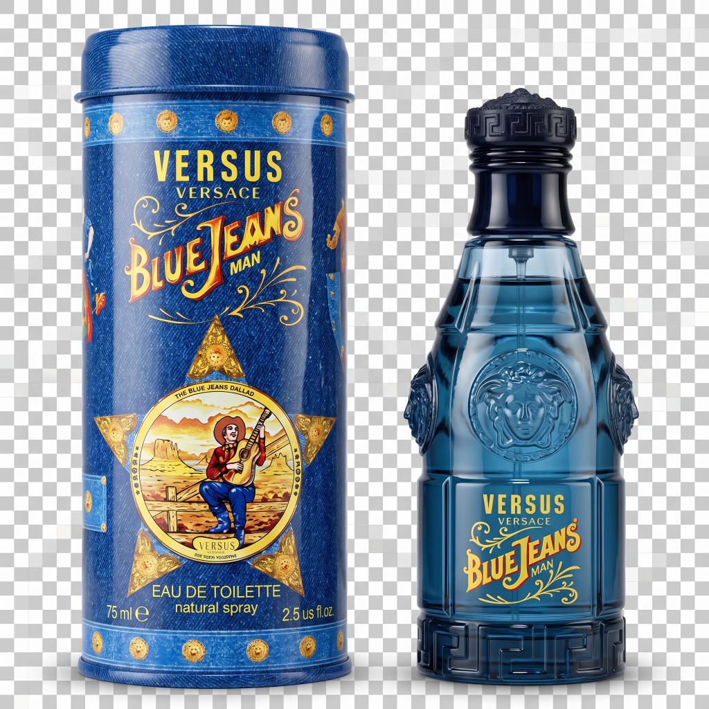 Versus Versace Blue Jeans Man perfume bottle and packaging on a transparent background