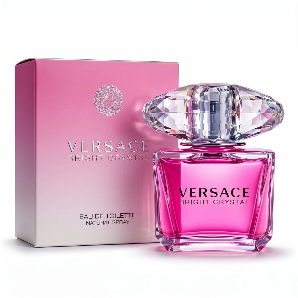 Versace Bright Crystal perfume bottle and packaging on a white background
