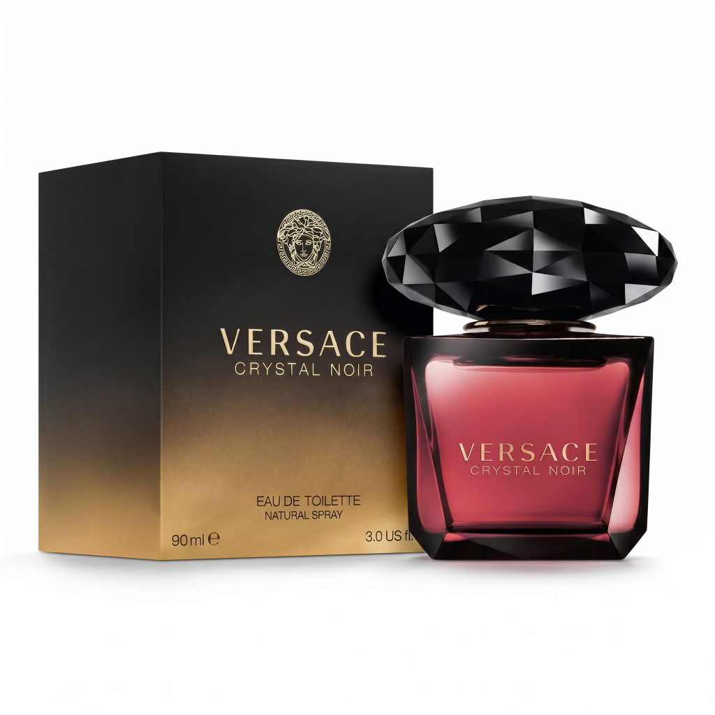 Versace Crystal Noir perfume bottle and packaging on a white background