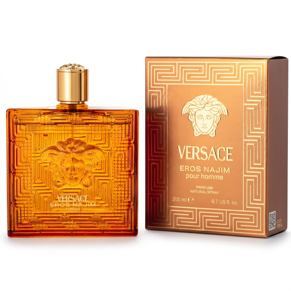 Versace Eros Najim pour homme perfume bottle and packaging on a white background