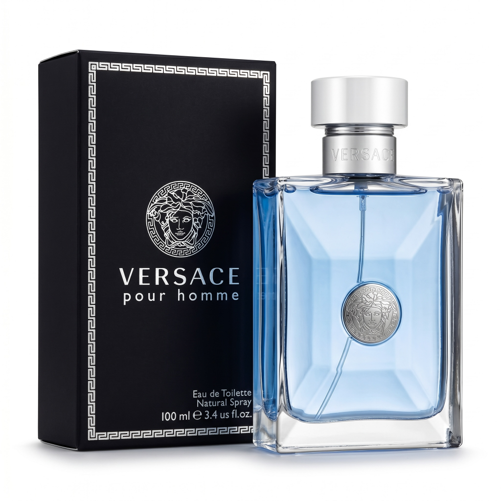 Versace pour homme perfume bottle and packaging on a white background