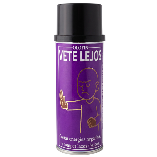 A can of Olofin Vete Lejos negative energy repelling spray, featuring a purple label with a gold line-art illustration of a person blocking out negative energy, and a black cap.