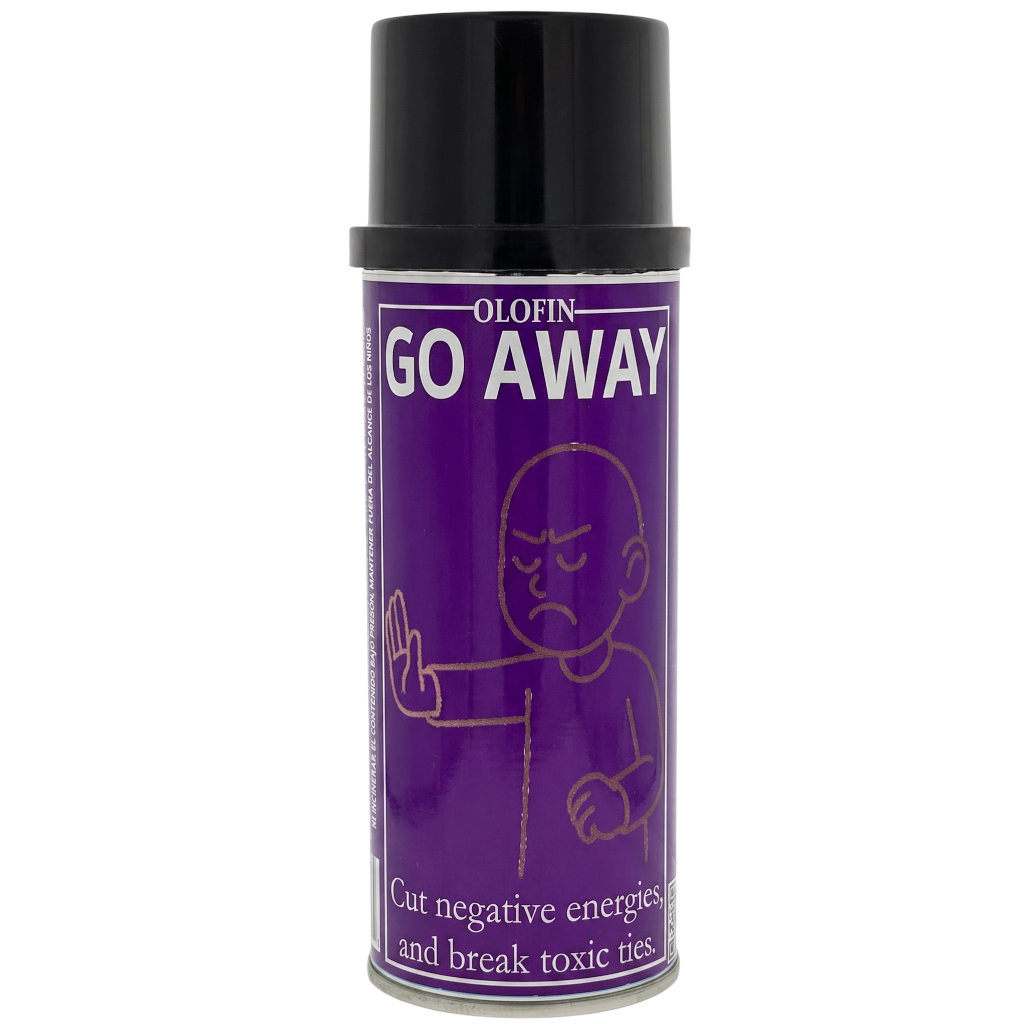 A purple spray can with a black cap labeled 'OLOFIN GO AWAY' and a simple line drawing of a person with a raised hand, on a plain white background.