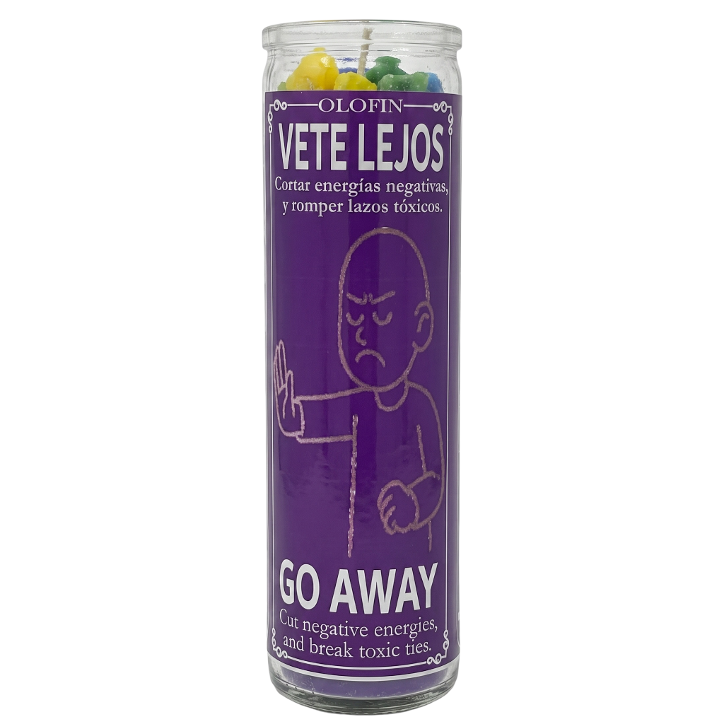 A tall glass jar candle with a purple label reading 'OLOFIN VETE LEJOS GO AWAY' and a line drawing of a person making a hand gesture. The candle contains multicolored wax pieces visible at the top, shown on a plain white background.