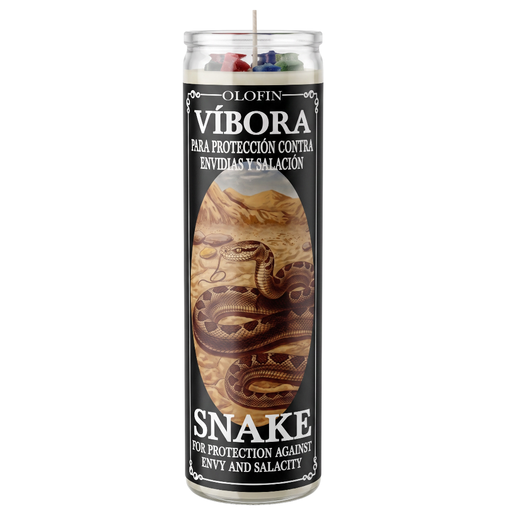 A tall glass jar candle with a black label featuring a snake illustration and the text 'VIBORA' and 'SNAKE' for protection against envy and salacity. The candle is shown on a plain white background.
