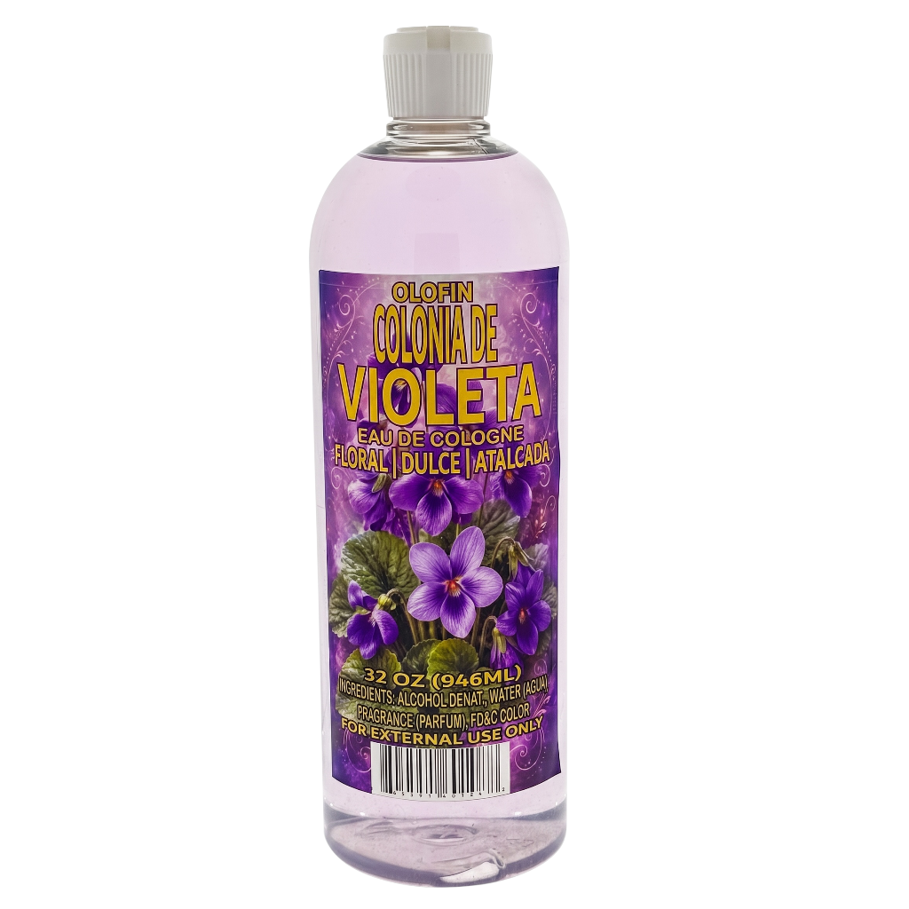 A 32 oz bottle of Clofin Colonia de Violeta Eau de Cologne with a purple label featuring violet flowers, set against a plain white background.