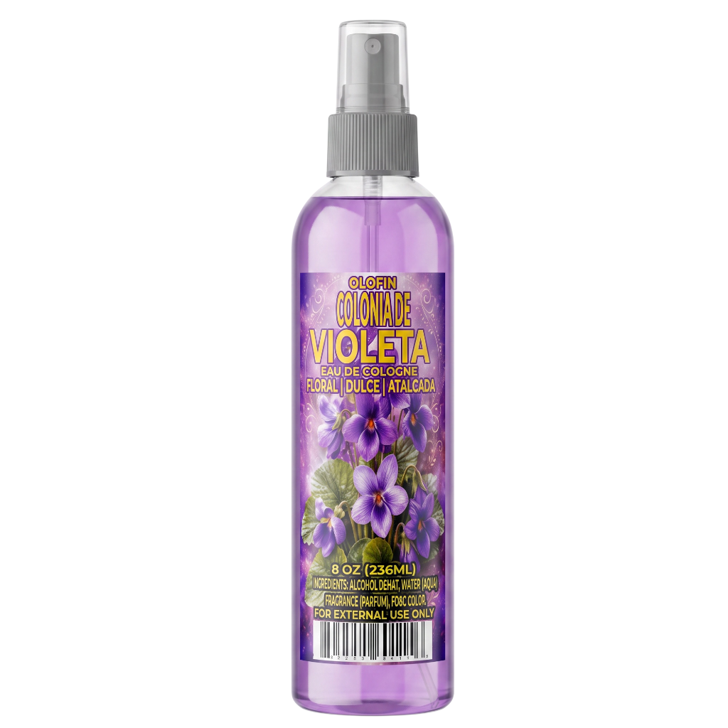 A purple spray bottle of Colonnade Violeta floral home fragrance, featuring a label with purple flowers and green leaves, on a plain white background.