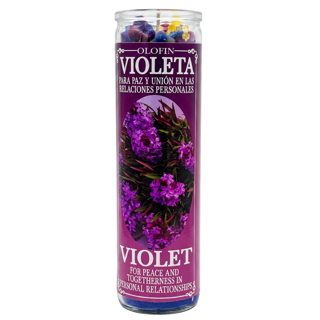 A tall glass jar candle labeled 'Olofin Violeta' with a purple floral design, shown on a plain white background.