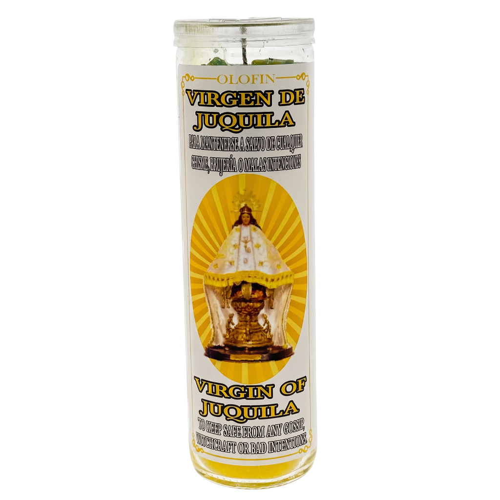 A tall glass jar candle labeled 'Virgen de Juquila' with a yellow and white label featuring an illustration of the Virgin of Juquila, on a plain white background.